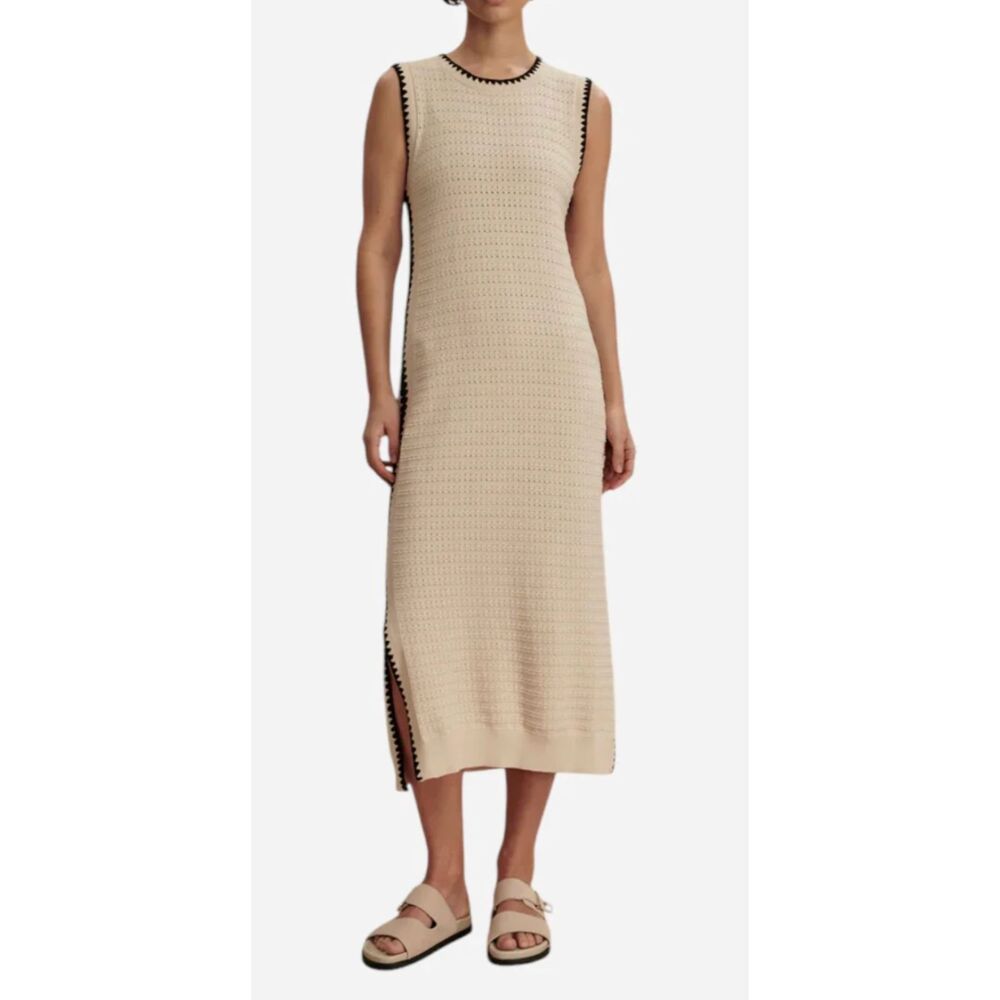 Varley Dwight Tank Knit Midi Dress Birch Size XL Tan Black